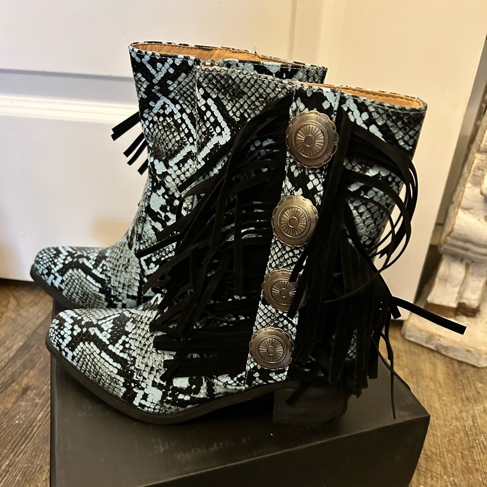 Lucky & Blessed Black and Blue Snakeskin Fringe Ankle Boots